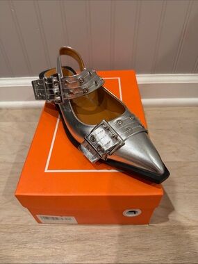 Metallic Silver Buckle Pointed Flat - Women Shoes